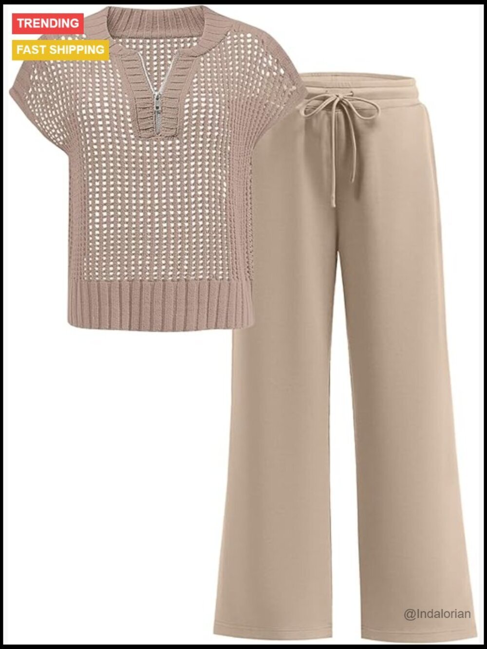 Women's Crochet Knit Half Zip Sweater Top Wide Leg Pants 2 Piece Lounge Set